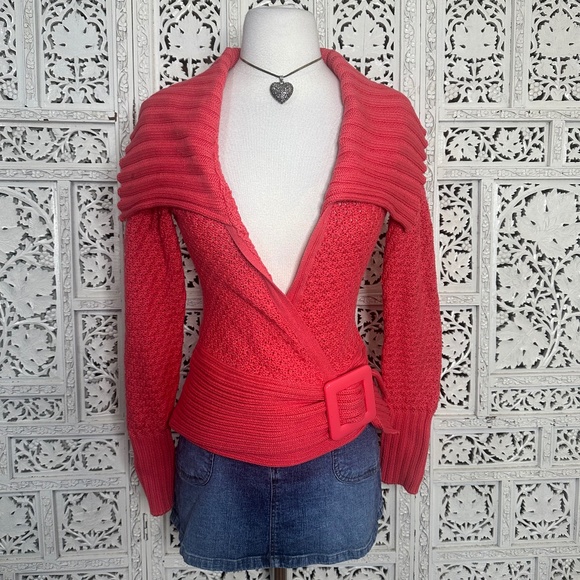 Cache Coral Pink Y2K Style Shawl Collar Open Wrap Cardigan With Buckle Size S - Picture 1 of 9
